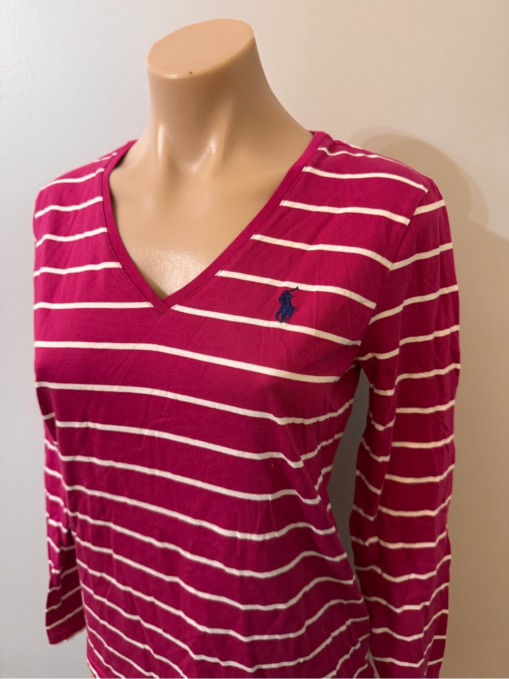 Ralph Lauren Sport Medium Stripe Long Sleeve Shirt Polo Logo Raspberry Pink - Picture 2 of 4